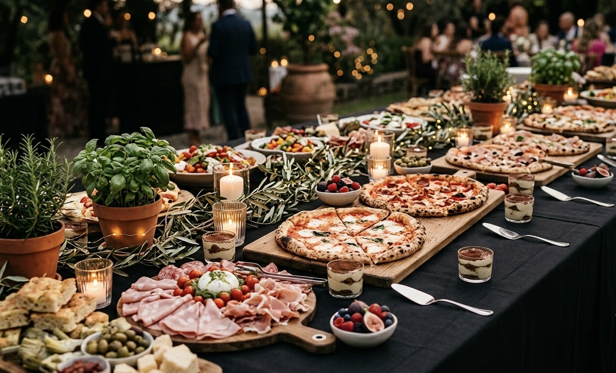 Convivio Pizza-Catering Tafel mit frischen Pizzen und Antipasti bei einem Fest im Rhein-Main-Gebiet (KI-generierte Darstellung)