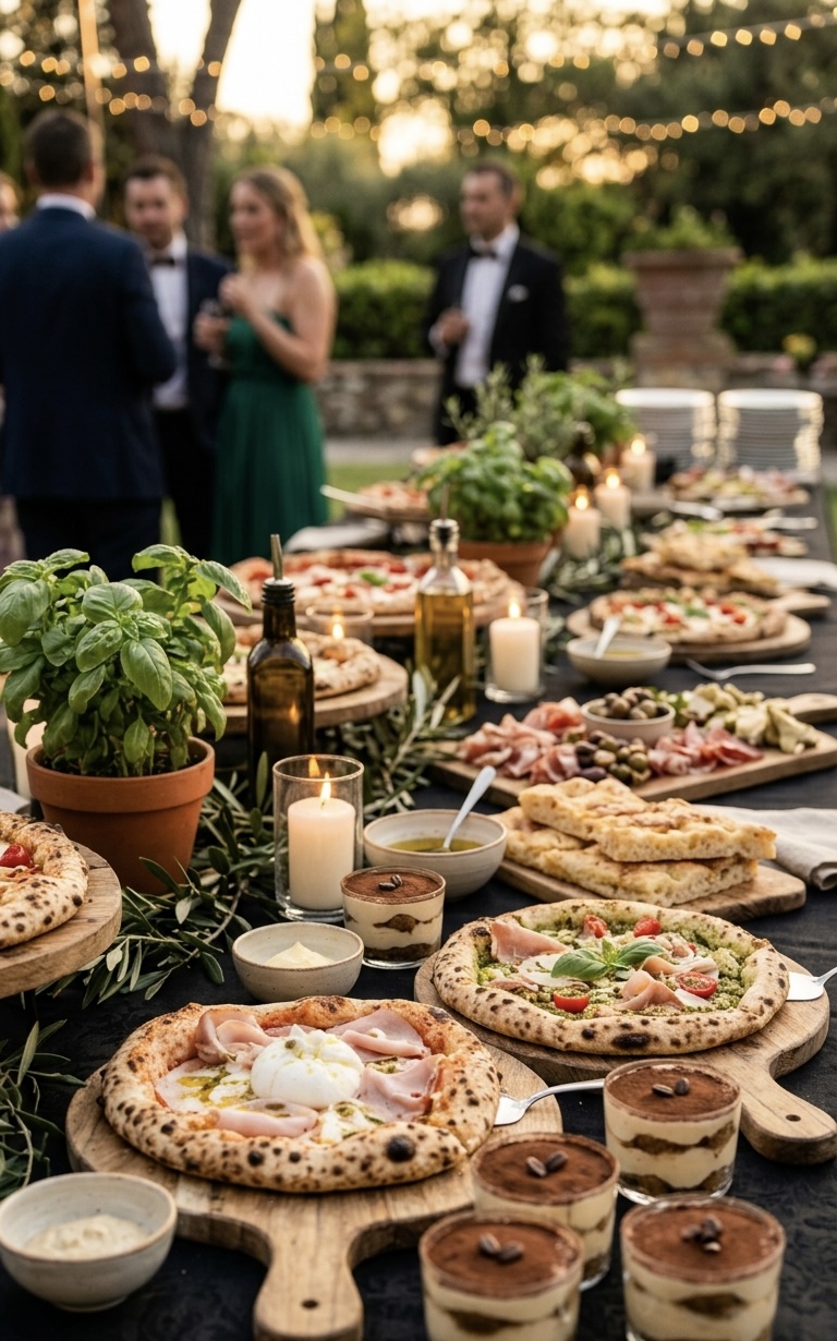 Festlich gedeckte Convivio-Tafel mit frisch gebackener Pizza, Antipasti, Tiramisu und Kerzen bei einer Feier (KI-generierte Darstellung)