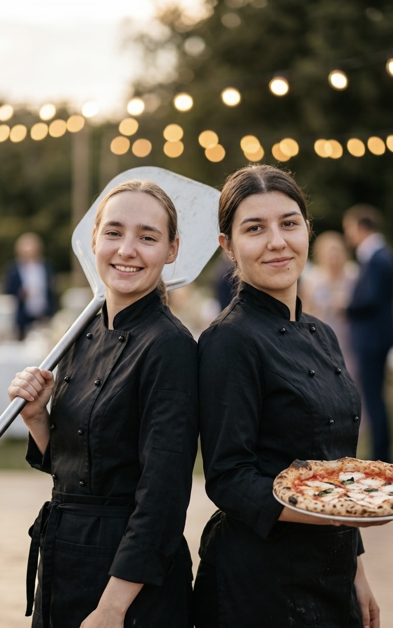 Diana und Mandy von Convivio Catering mit Pizzaschieber und frisch gebackener Pizza (KI-generierte Darstellung)